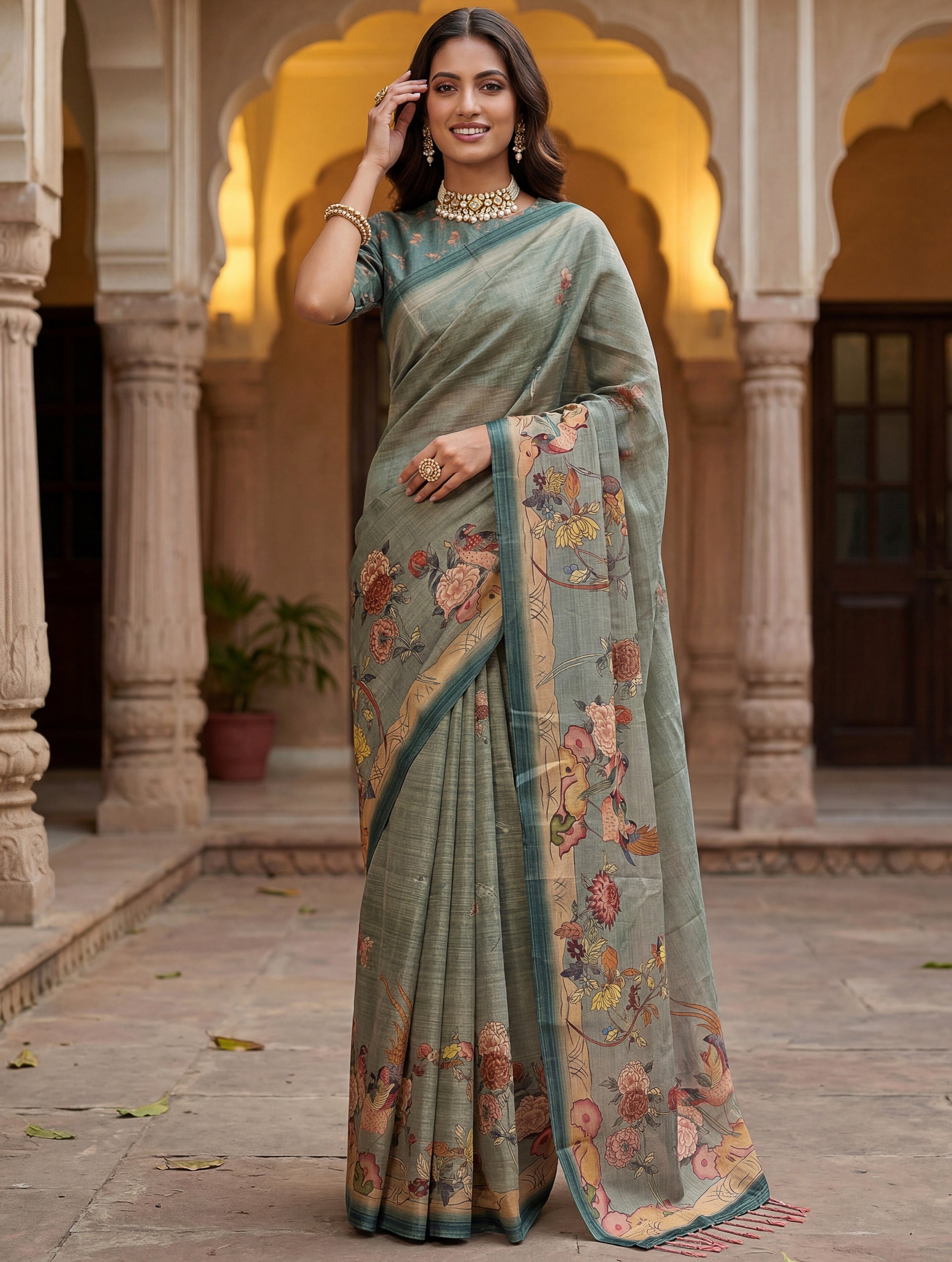 Dazzling Teal Green Floral Printed Silk Traditional Saree With Blouse