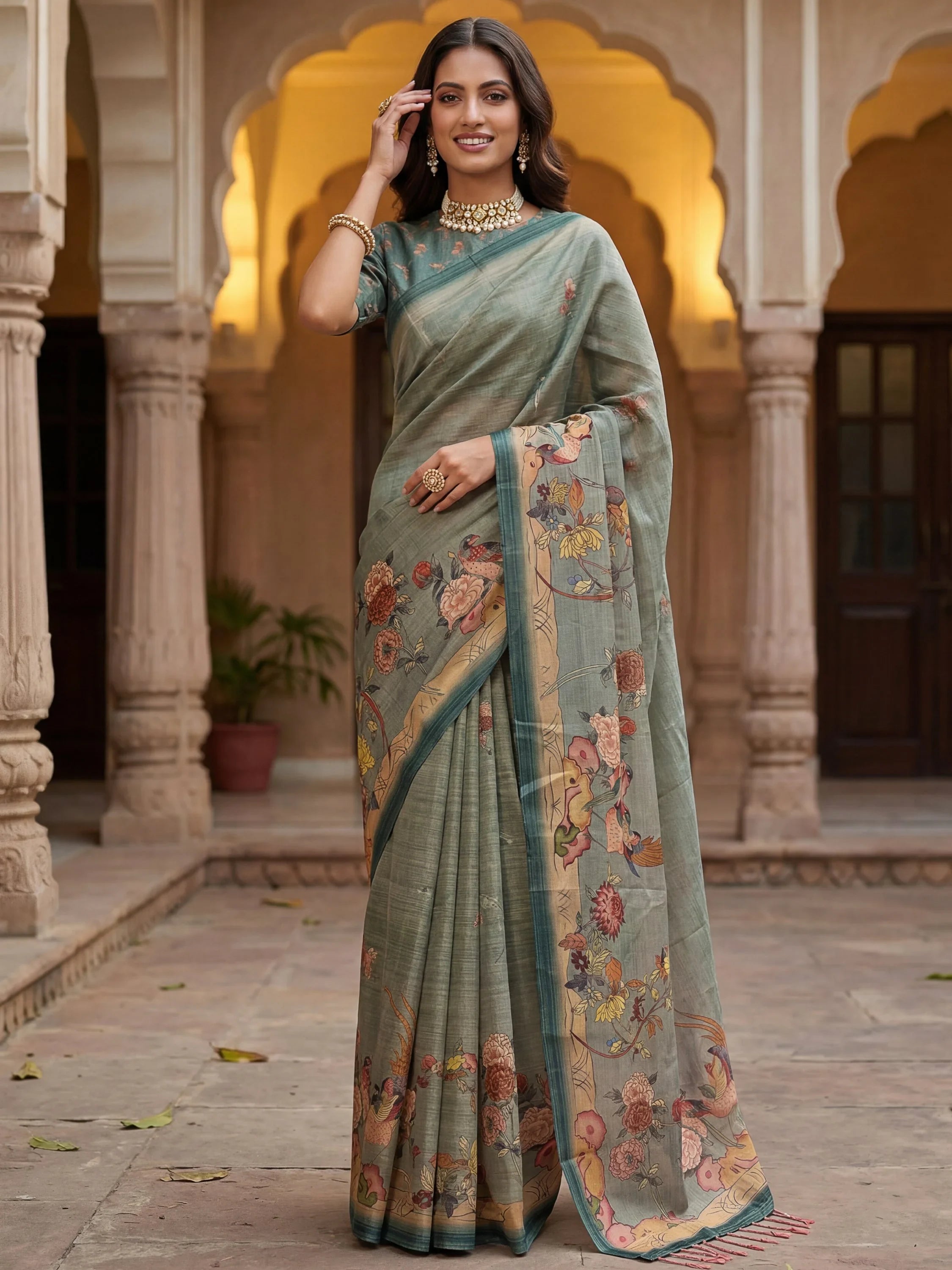 Dazzling Teal Green Floral Printed Silk Traditional Saree With Blouse