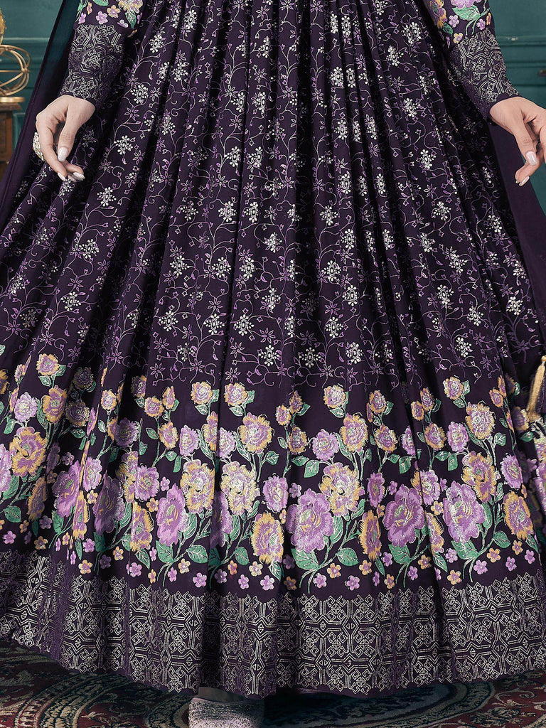 Enchanting Purple Foil Printed Georgette Bridesmaid Gown With Belt