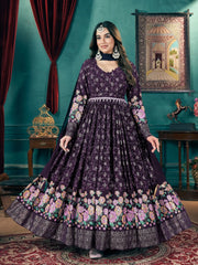 Enchanting Purple Foil Printed Georgette Bridesmaid Gown With Belt