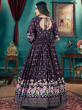 Enchanting Purple Foil Printed Georgette Bridesmaid Gown With Belt
