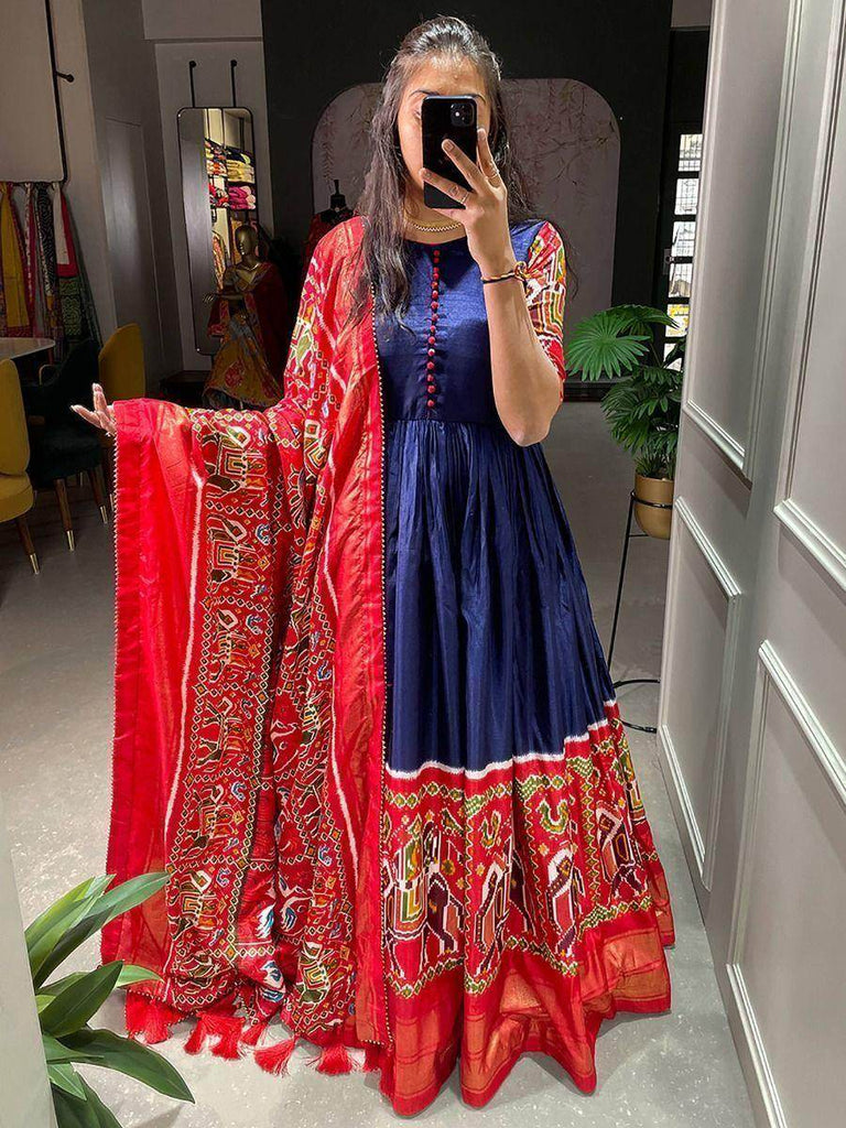 Tremendous Blue Patola Print Dola Silk Party Wear Gown