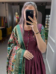 Stupendous Brown Patola Print Dola Silk Party Wear Gown
