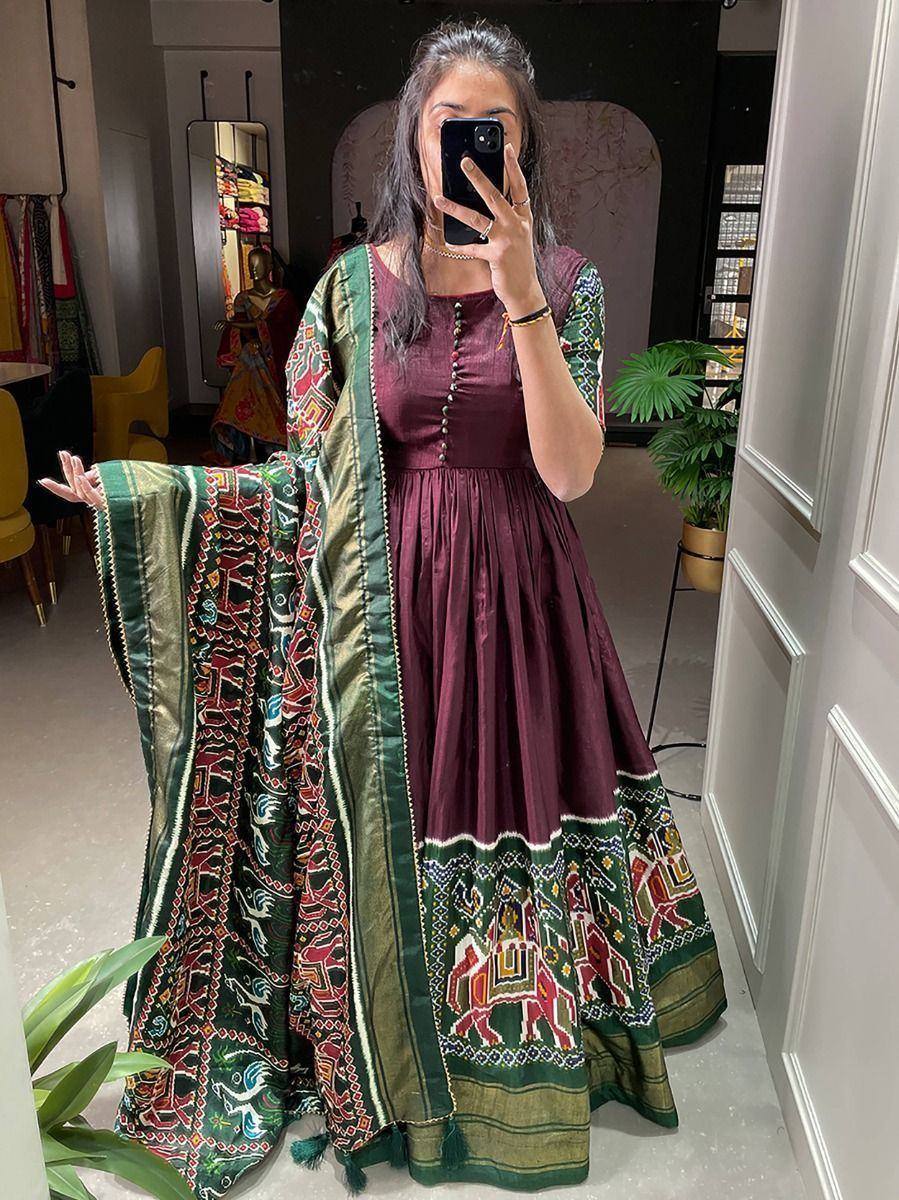 Maroon ethnic gown with green embroidered dupatta, Indian designer wear for women