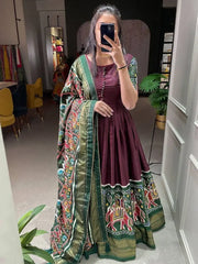 Stupendous Brown Patola Print Dola Silk Party Wear Gown