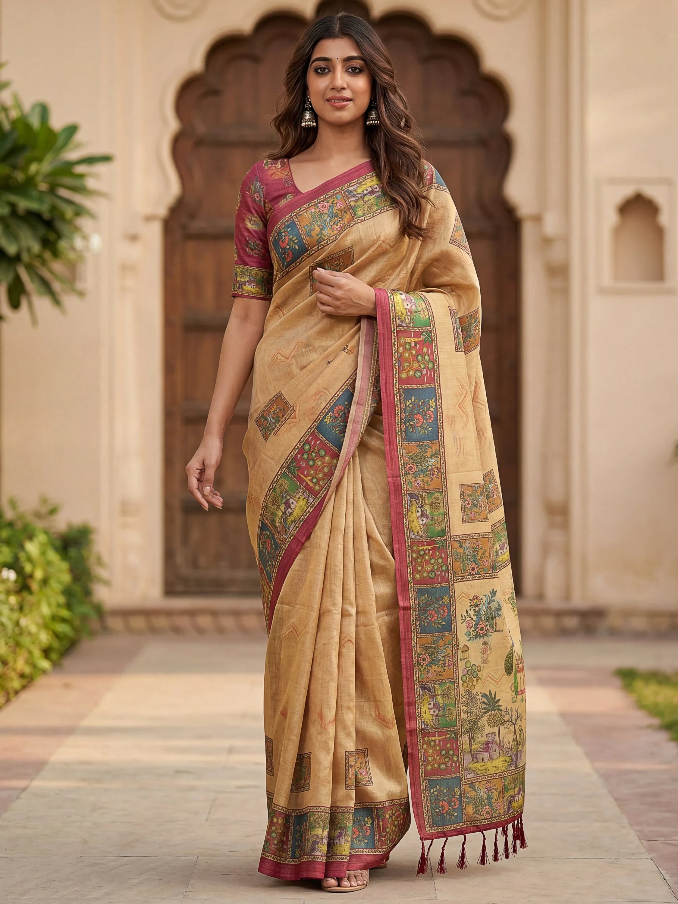 Delightful Beige Printed Silk Wedding Wear Saree With Blouse