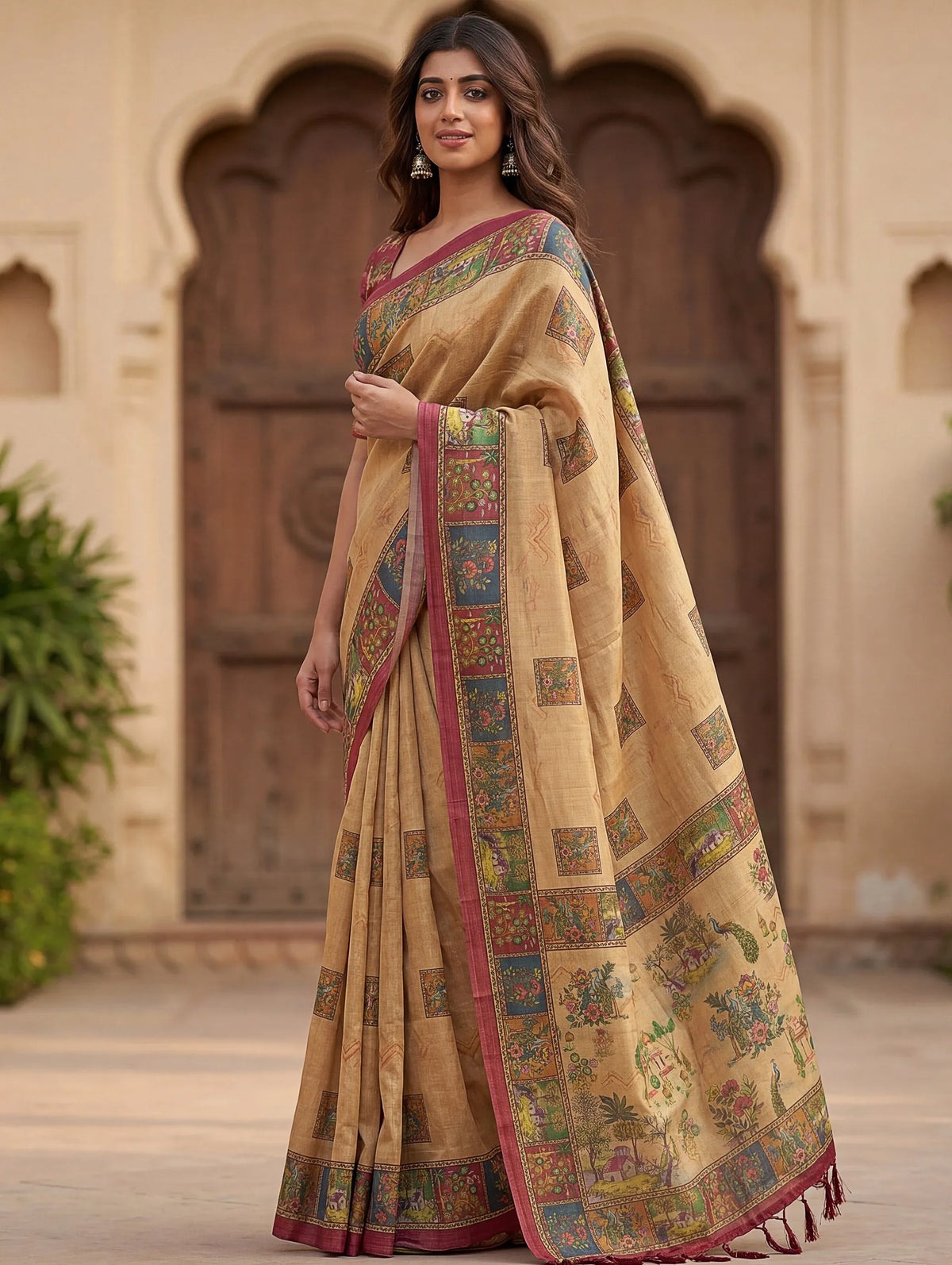 Woman wearing a beige traditional Indian saree with intricate colorful borders and motifs