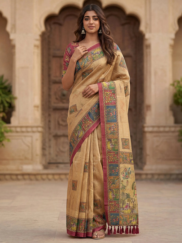 Delightful Beige Printed Silk Wedding Wear Saree With Blouse