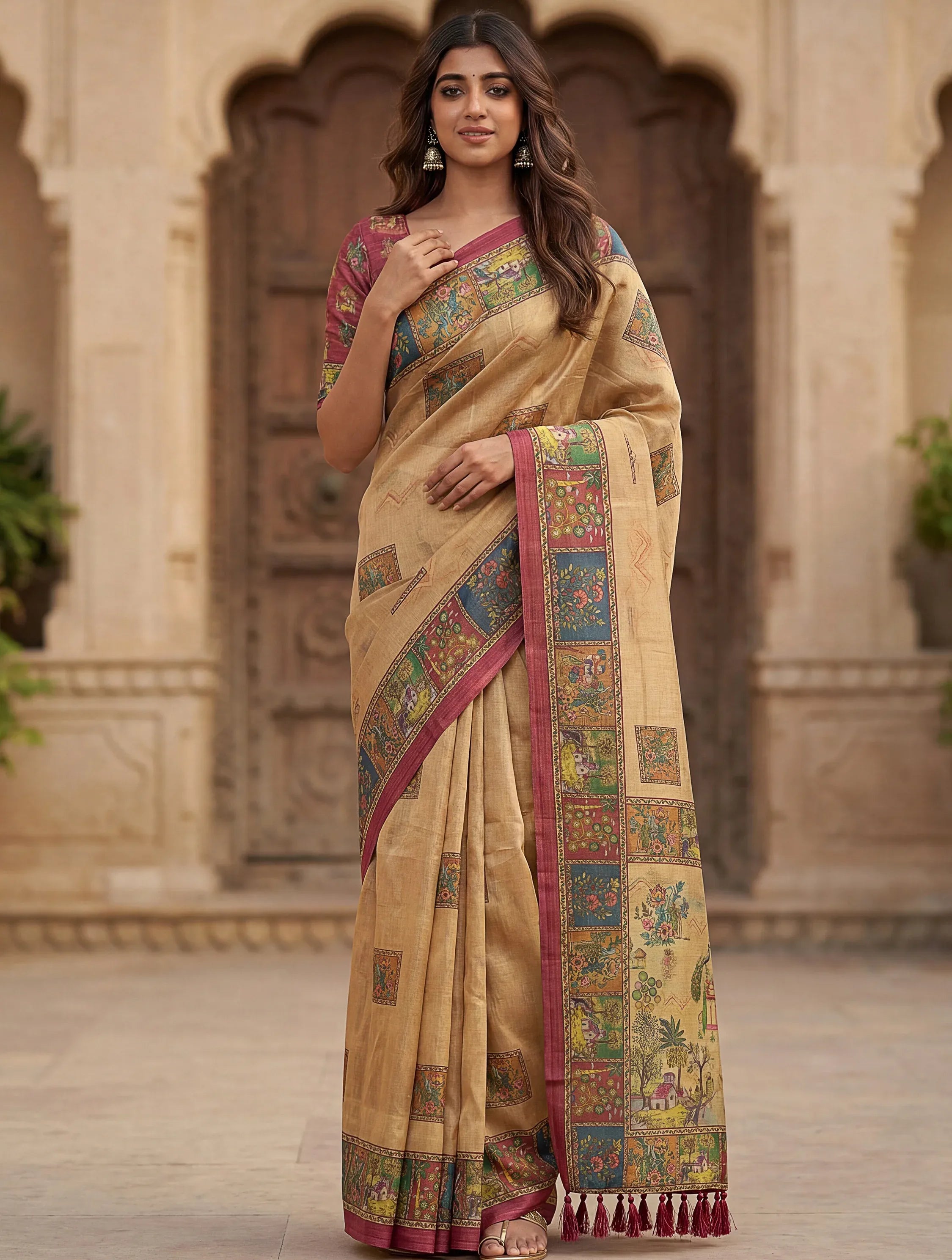 Delightful Beige Printed Silk Wedding Wear Saree With Blouse