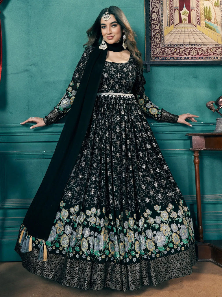 Fascinating Black Foil Printed Georgette Reception Gown With Belt