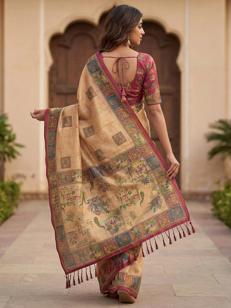 Delightful Beige Printed Silk Wedding Wear Saree With Blouse