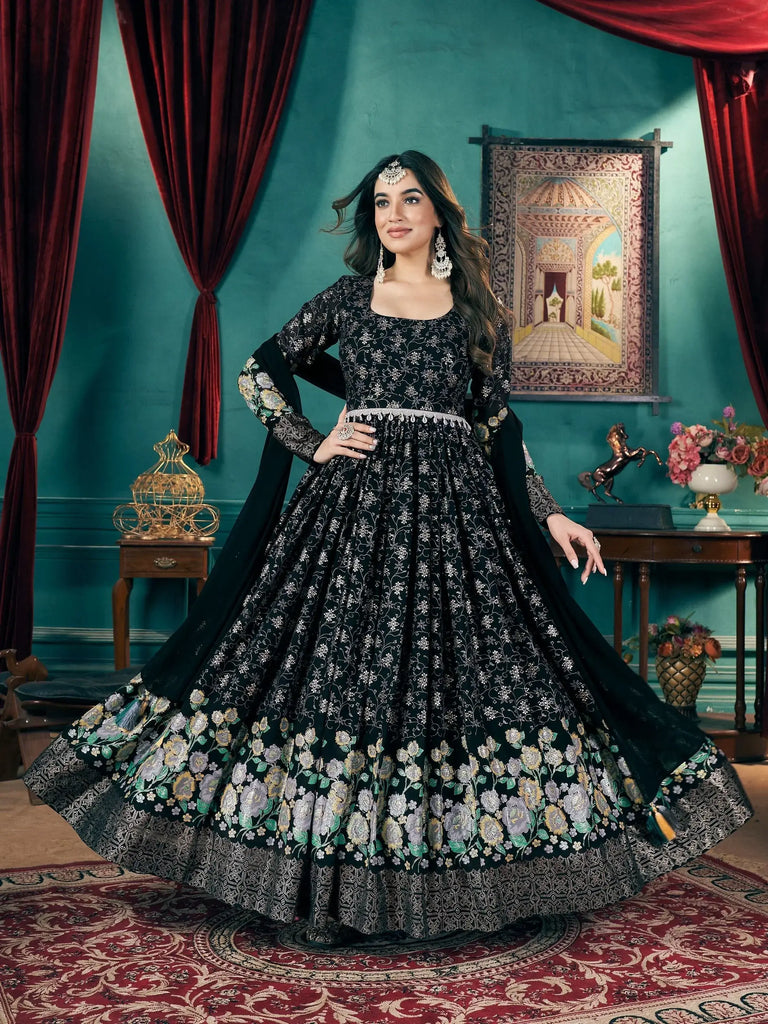 Fascinating Black Foil Printed Georgette Reception Gown With Belt