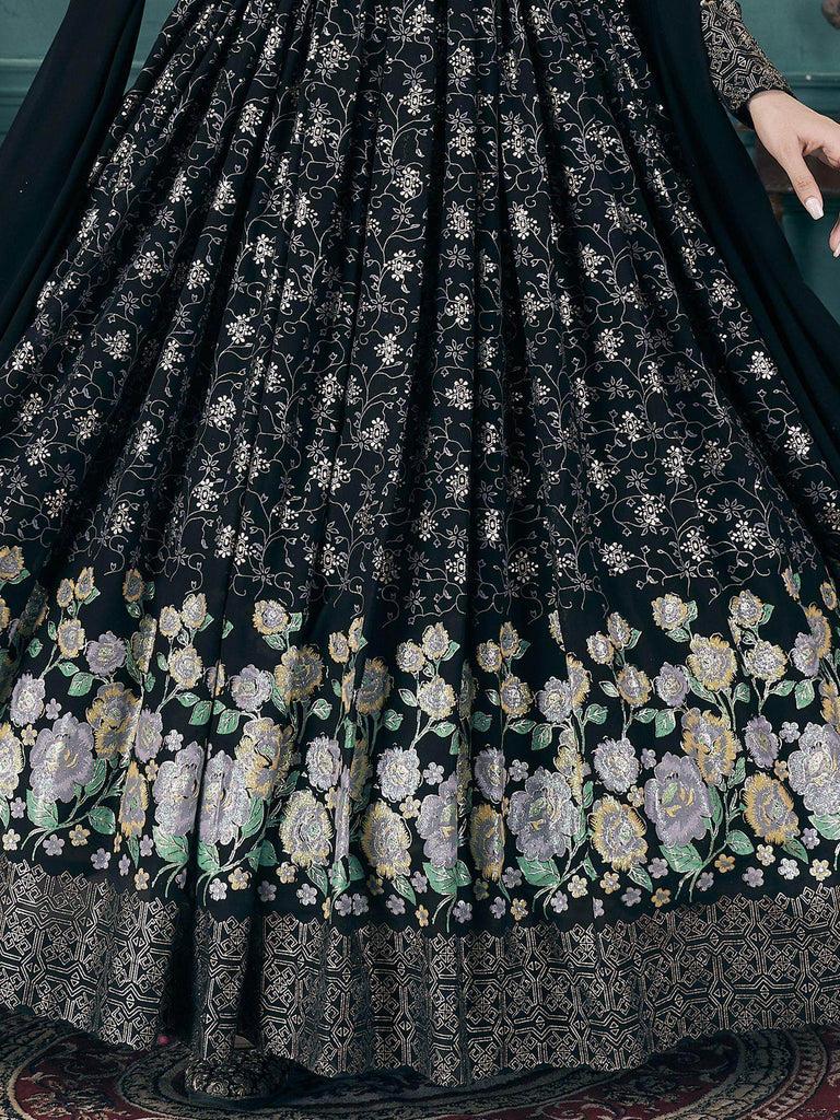 Fascinating Black Foil Printed Georgette Reception Gown With Belt