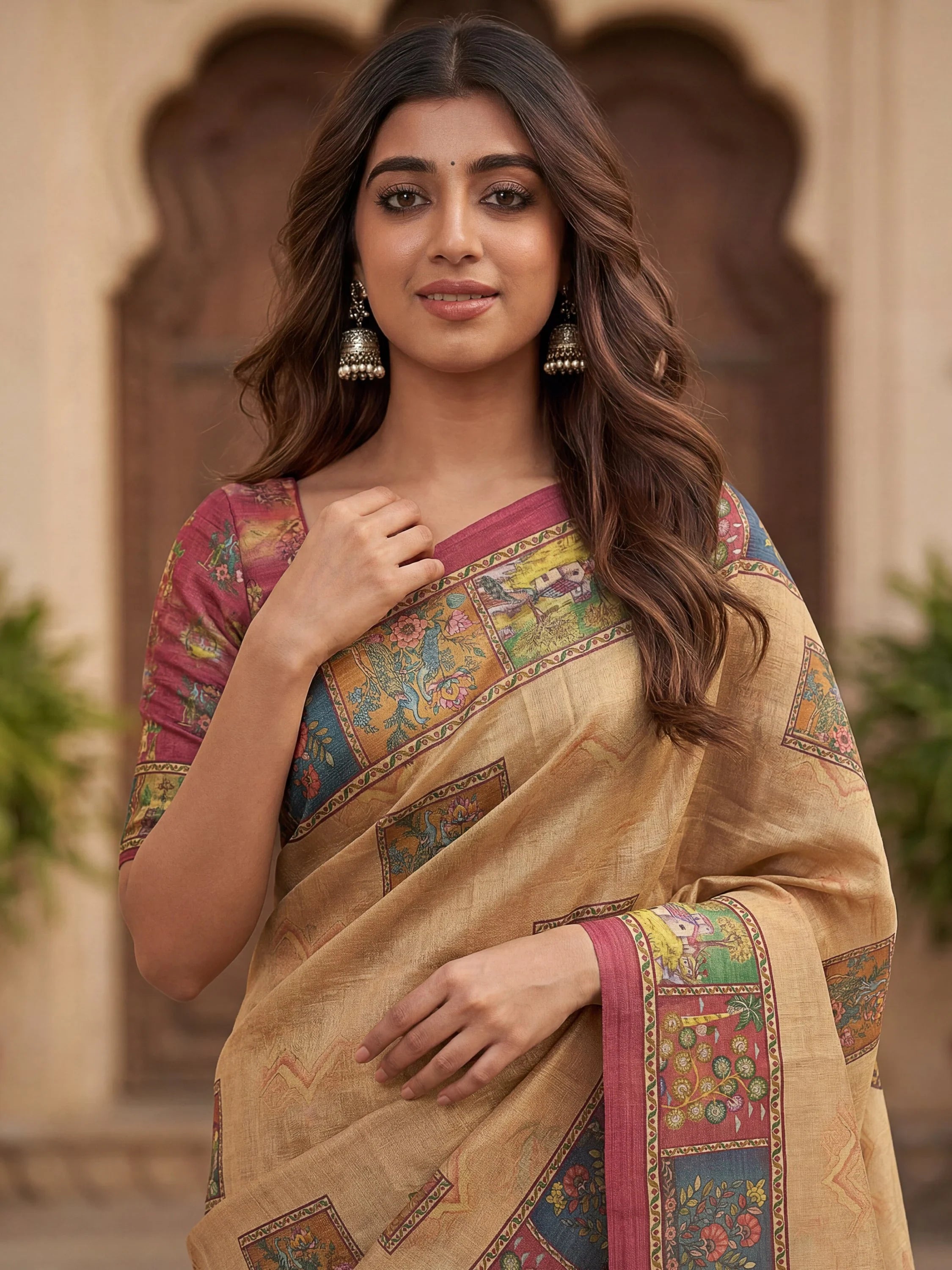Delightful Beige Printed Silk Wedding Wear Saree With Blouse