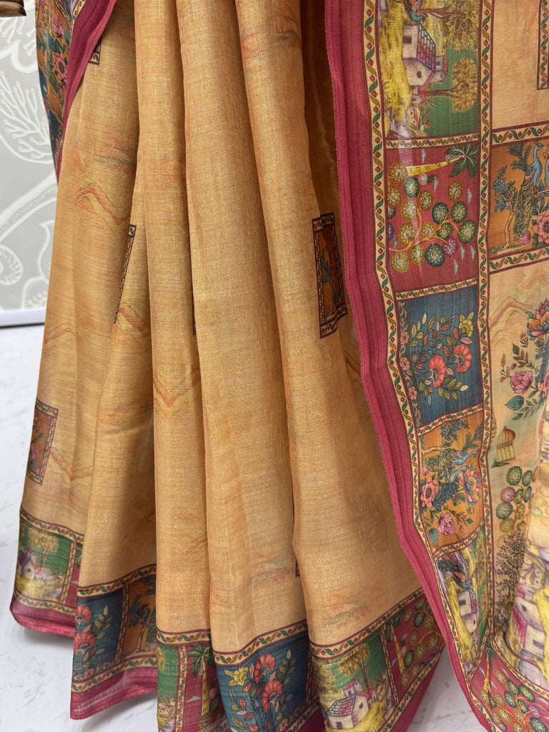 Delightful Beige Printed Silk Wedding Wear Saree With Blouse
