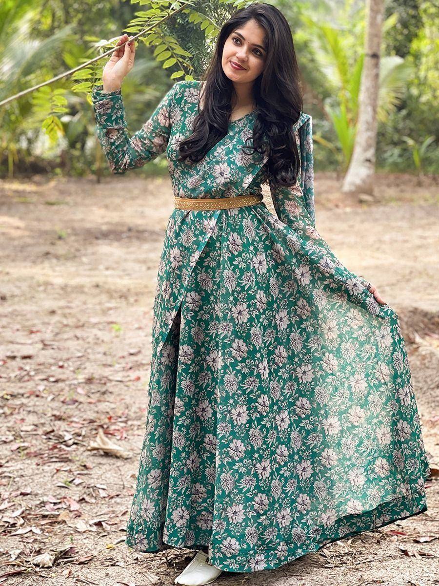 Green floral ethnic gown with belt, perfect for Indian occasions and festive wear