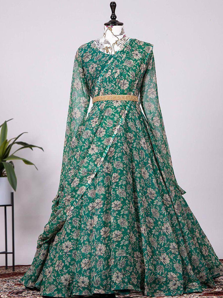 Grandiose Green Floral Print Georgette Ready-to-wear Party Gown