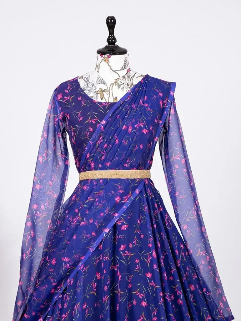 Glamorous Blue Floral Printed Georgette Ready-Made Gown With Belt