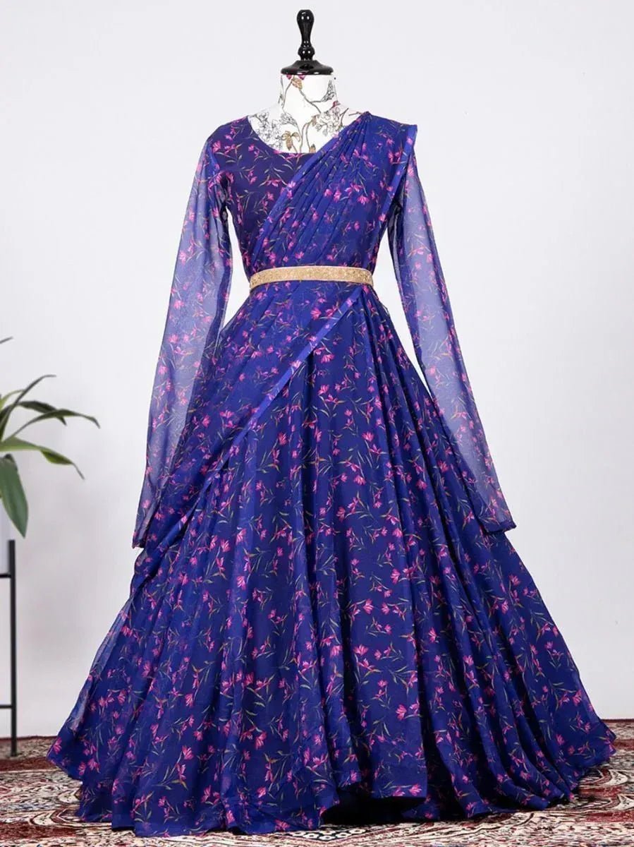 Royal blue floral print ethnic gown with sheer sleeves and gold belt, perfect for Indian occasions