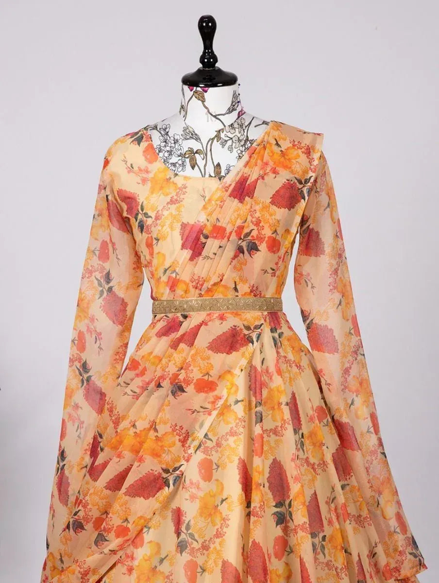 Floral print ethnic gown with pleated design and gold belt, perfect for Indian occasions