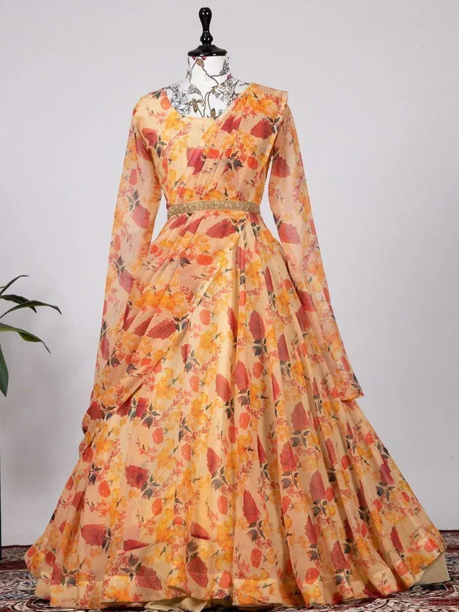 Floral print ethnic gown with long sleeves and waist belt, perfect for Indian occasions