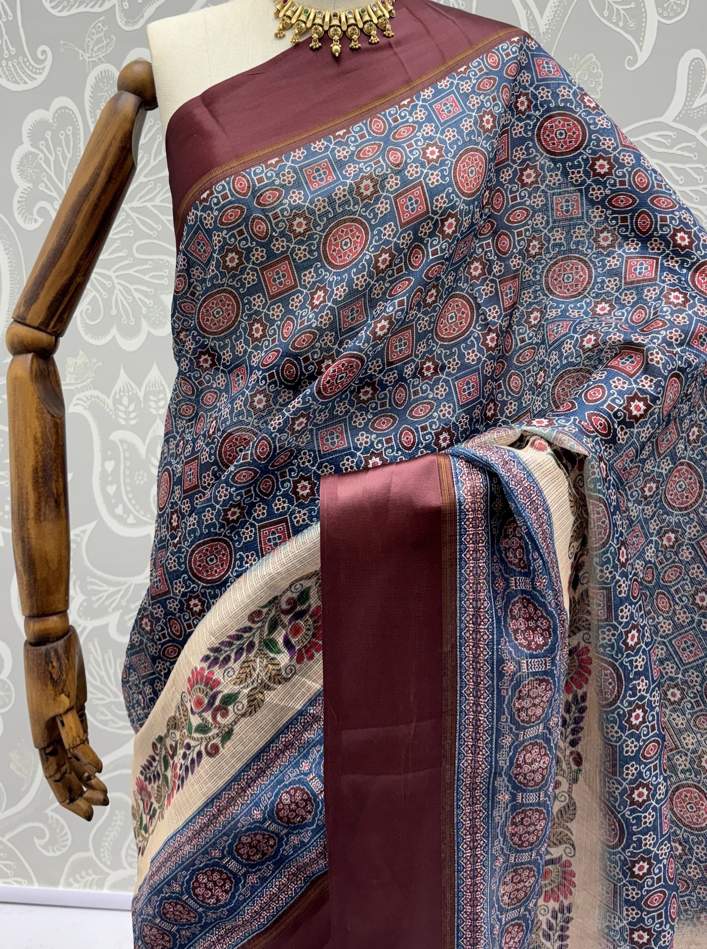 Enchanting Blue Printed Silk Festive Wear Saree With Blouse
