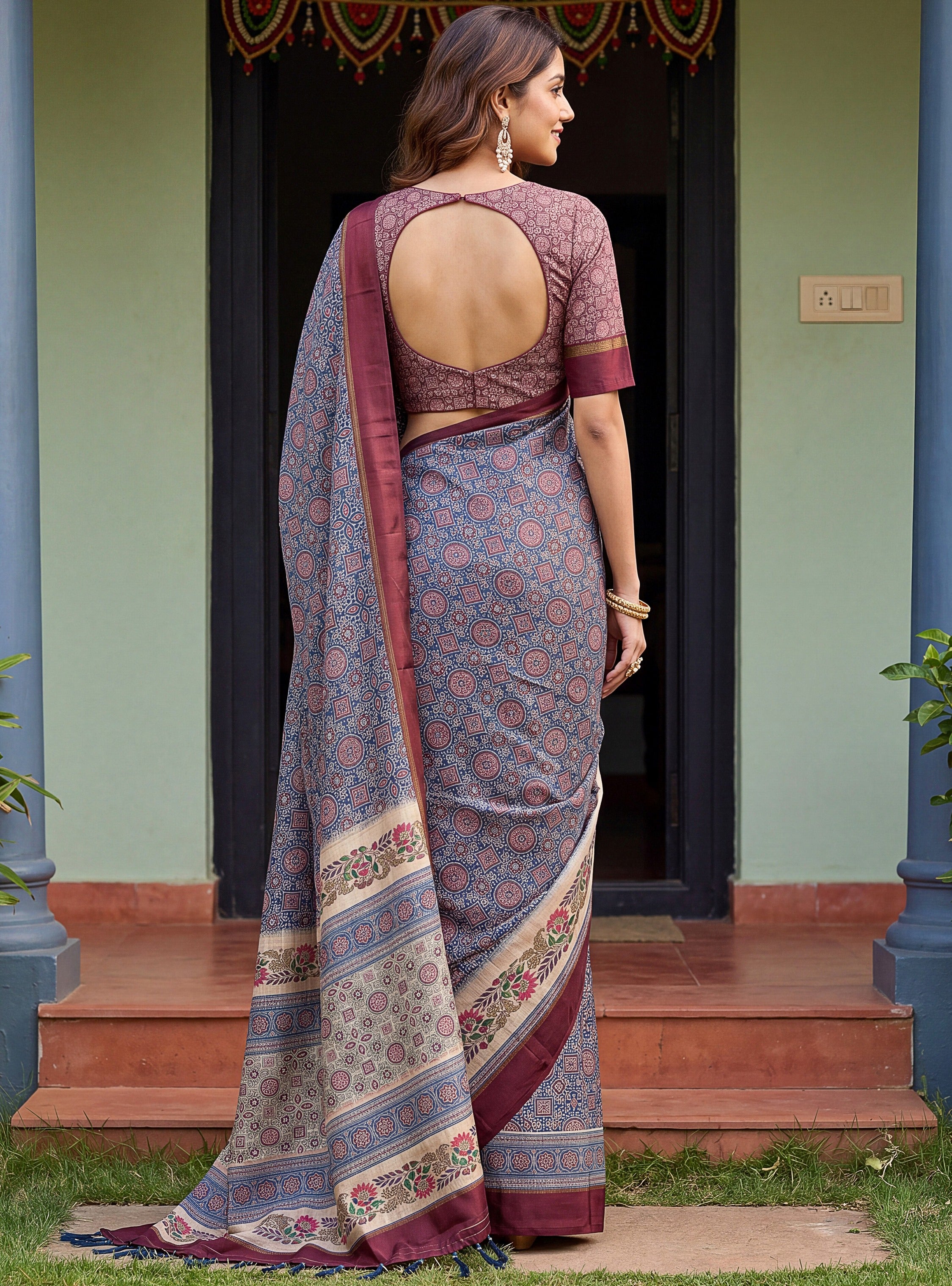 Enchanting Blue Printed Silk Festive Wear Saree With Blouse