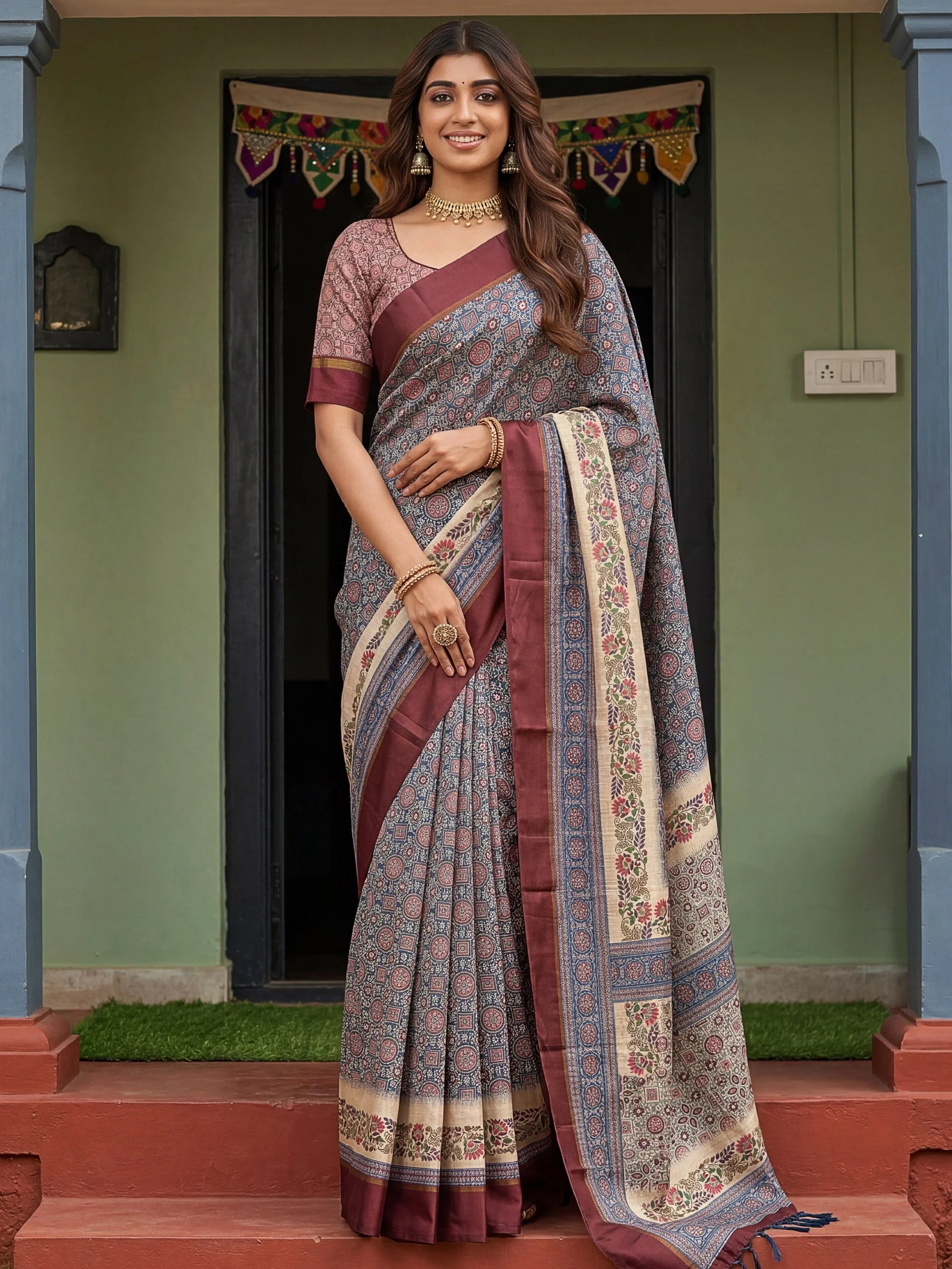 Enchanting Navy Blue Printed Silk Festive Wear Saree With Blouse