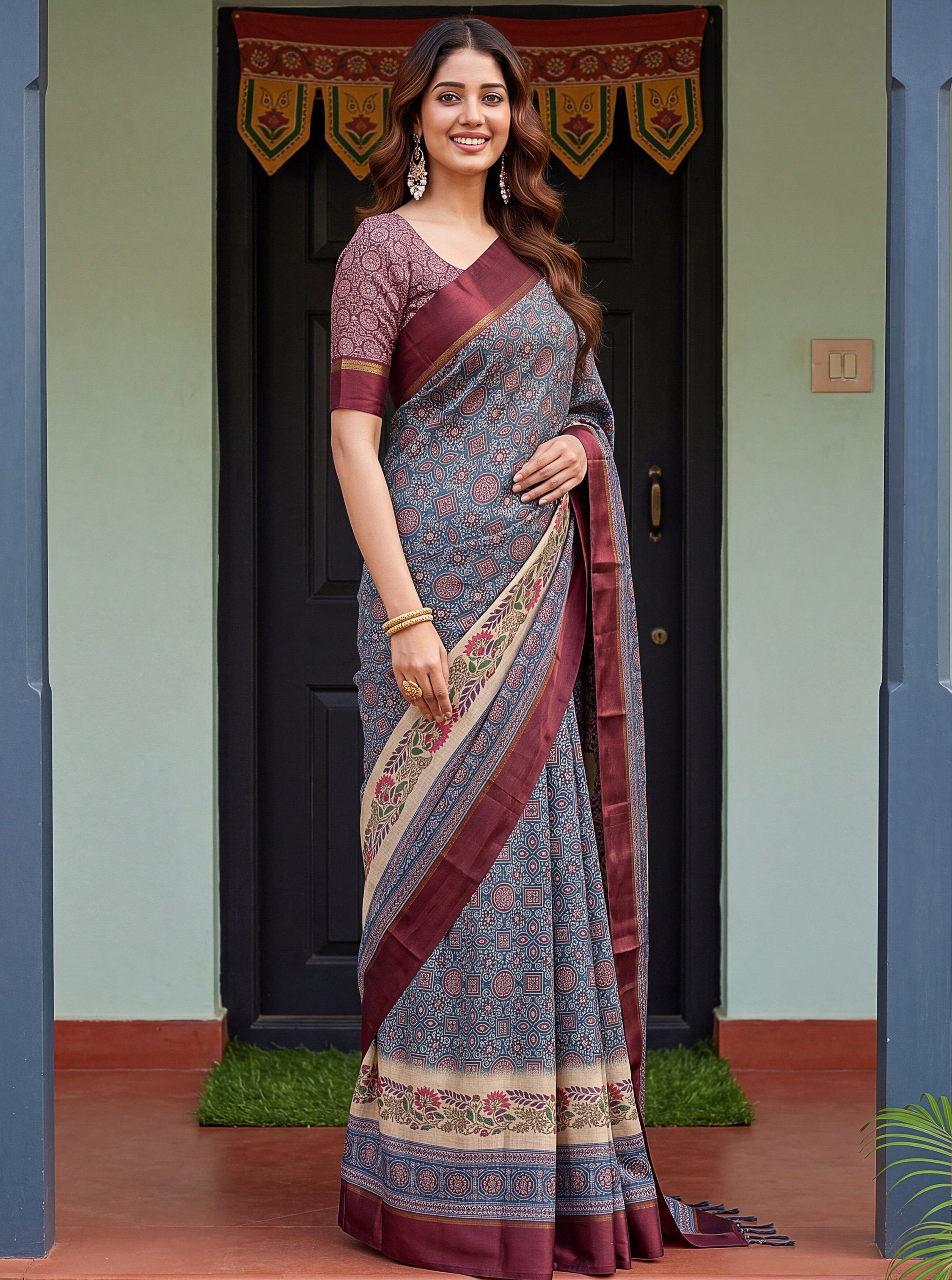 Enchanting Blue Printed Silk Festive Wear Saree With Blouse