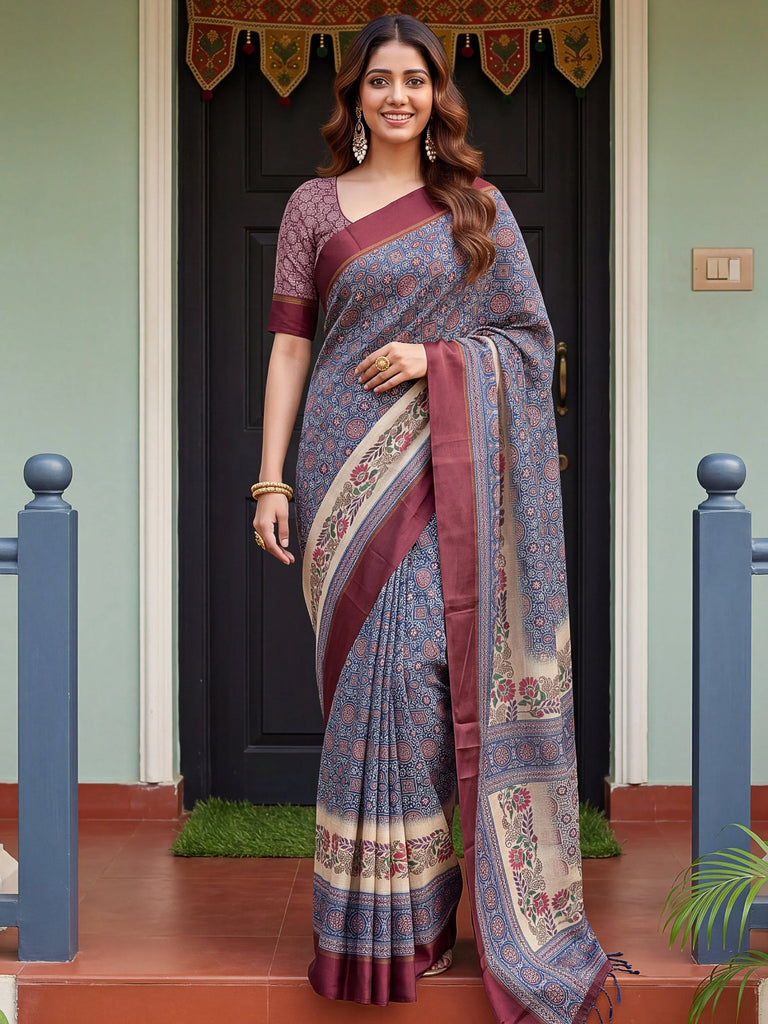 Enchanting Navy Blue Printed Silk Festive Wear Saree With Blouse