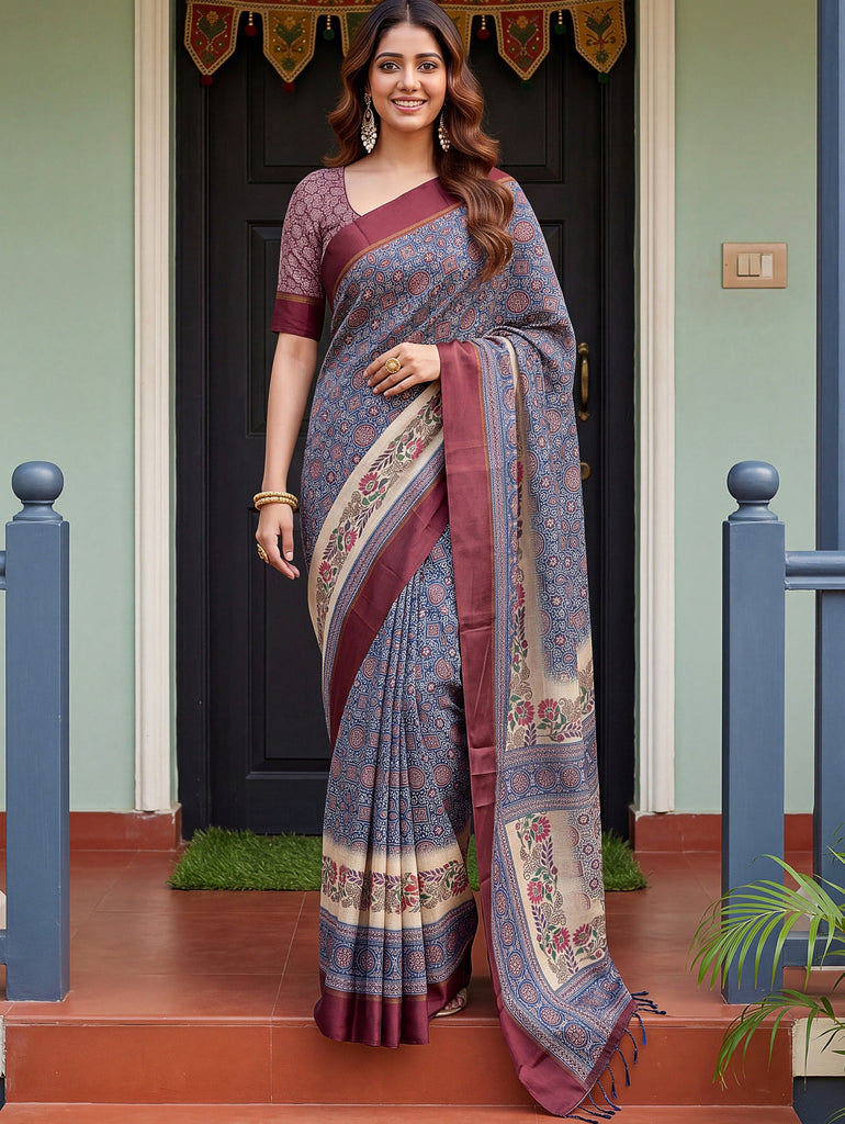 Enchanting Blue Printed Silk Festive Wear Saree With Blouse