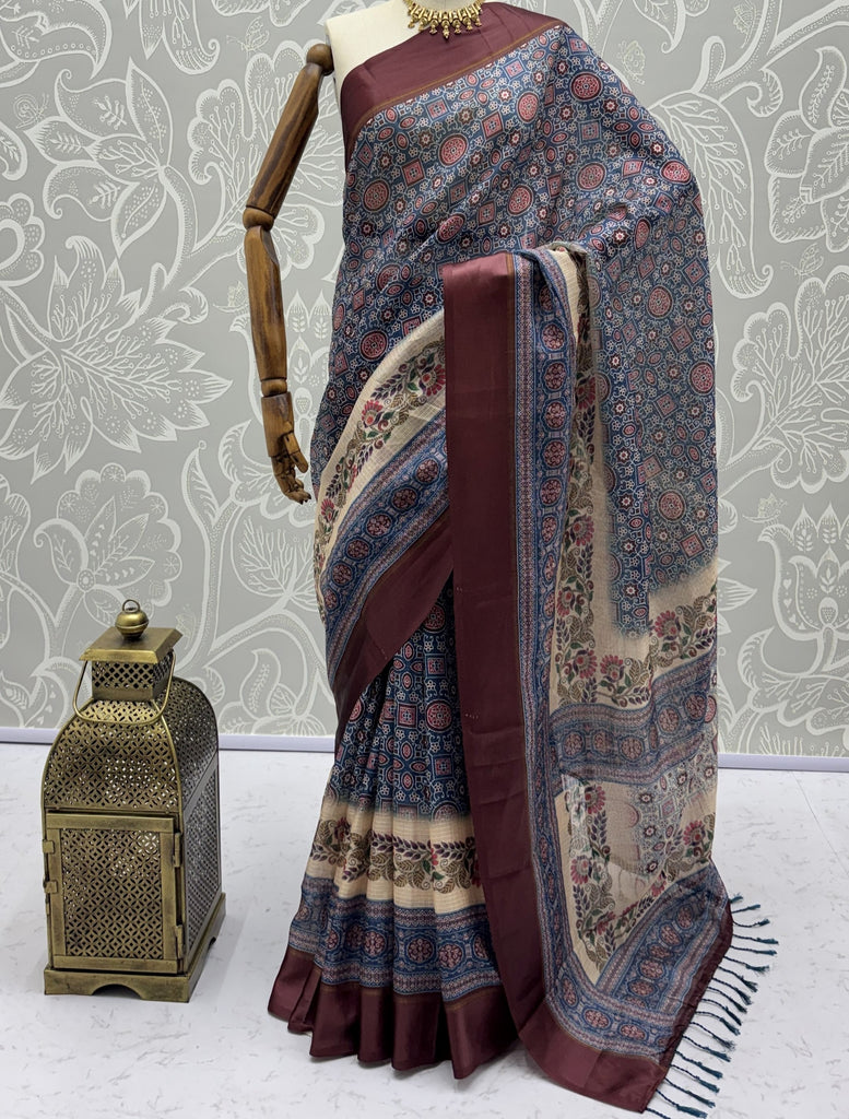 Enchanting Blue Printed Silk Festive Wear Saree With Blouse
