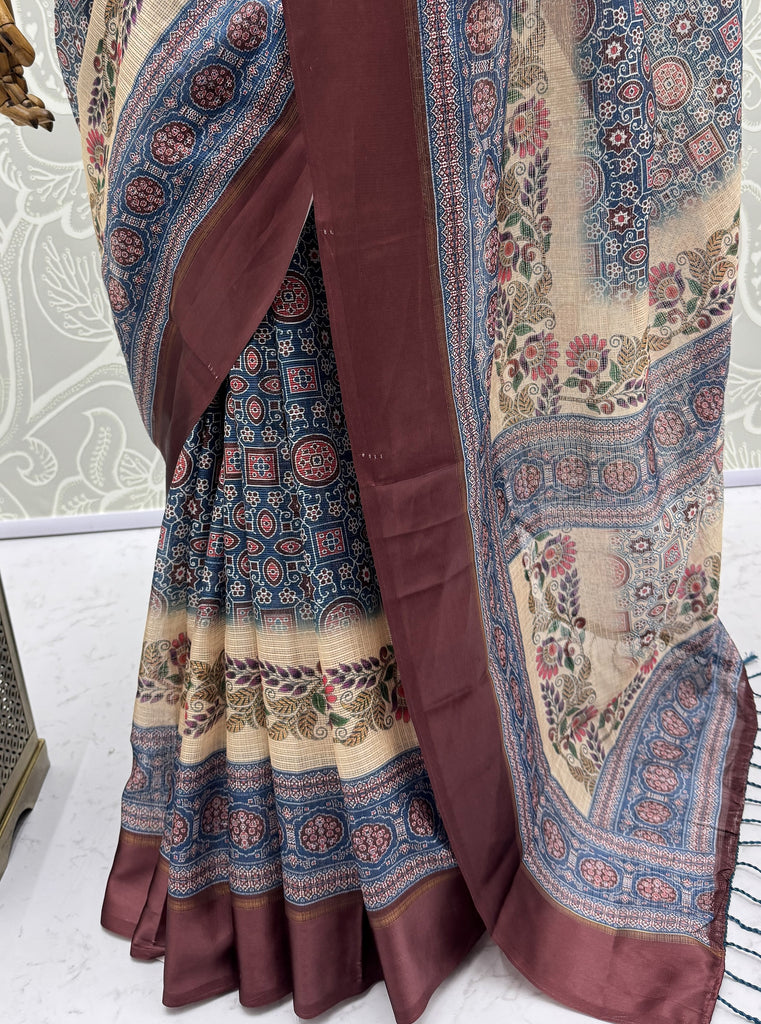 Enchanting Blue Printed Silk Festive Wear Saree With Blouse