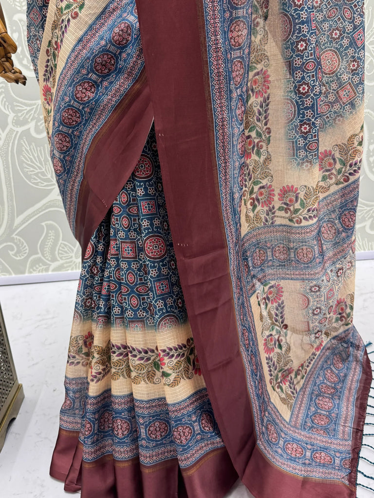 Enchanting Navy Blue Printed Silk Festive Wear Saree With Blouse