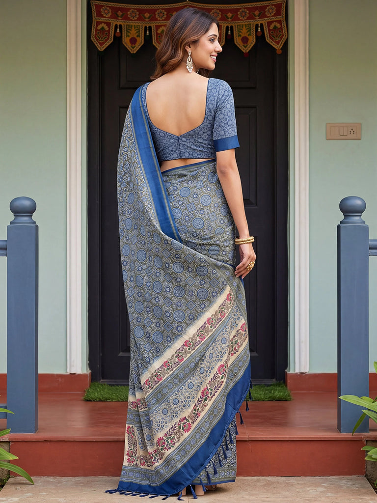 Fascinating Olive Green Digital Printed Silk Event Wear Saree With Blouse