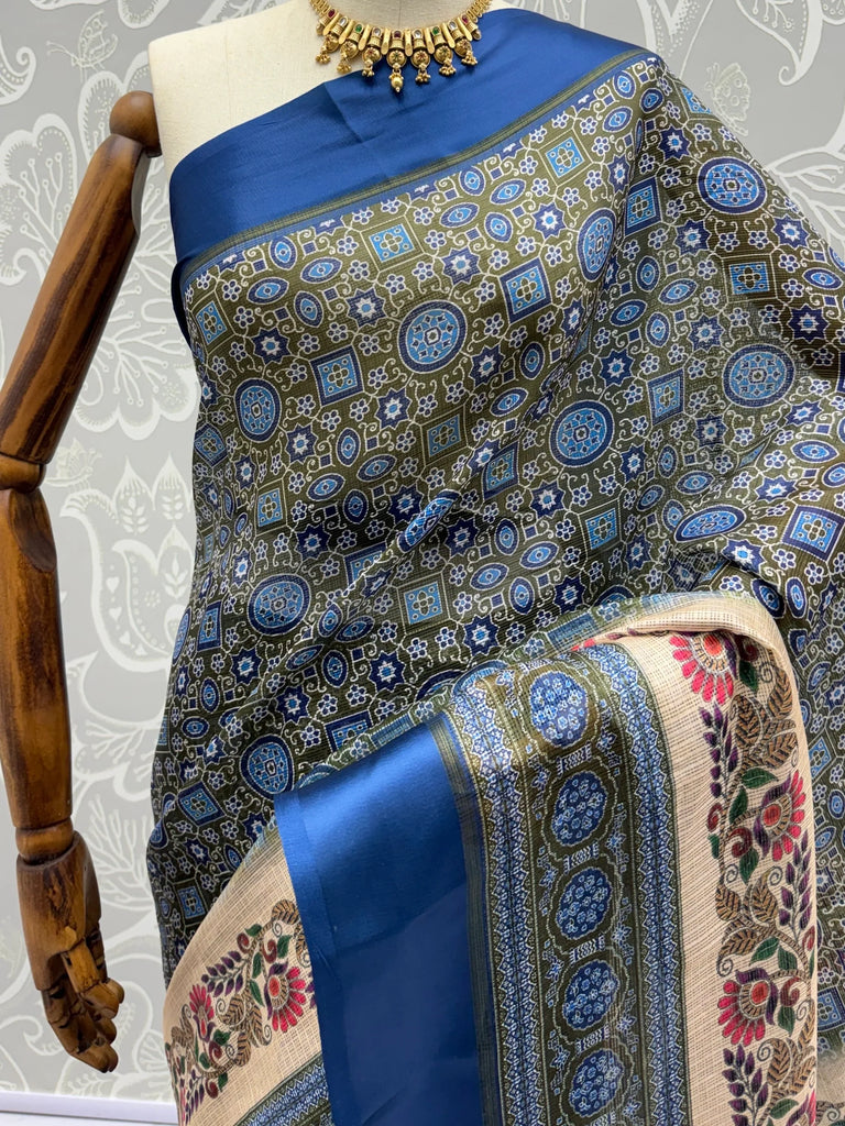 Fascinating Olive Green Digital Printed Silk Event Wear Saree With Blouse