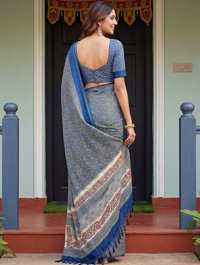 Fascinating Blue Digital Printed Silk Event Wear Saree With Blouse