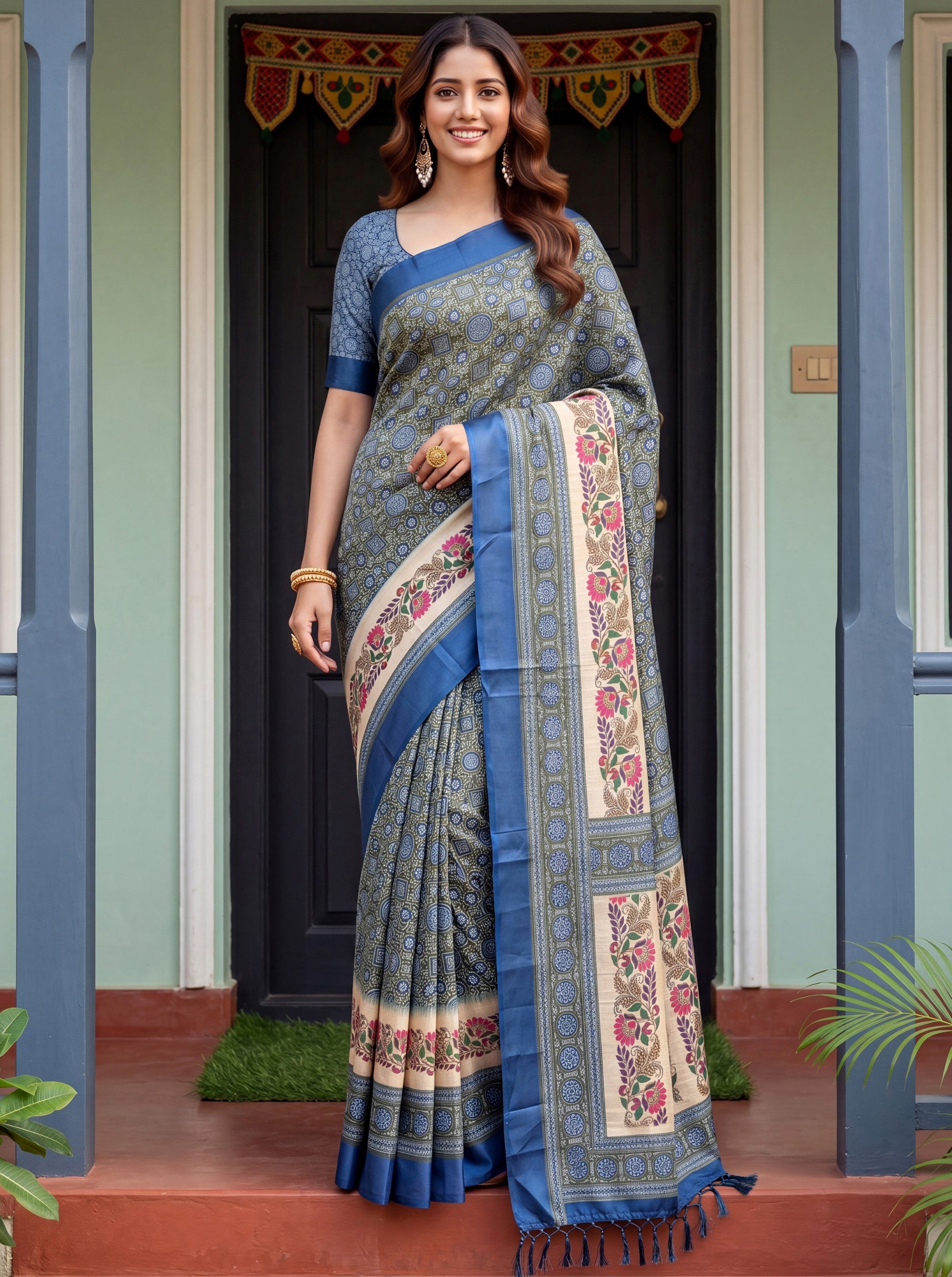 Fascinating Blue Digital Printed Silk Event Wear Saree With Blouse