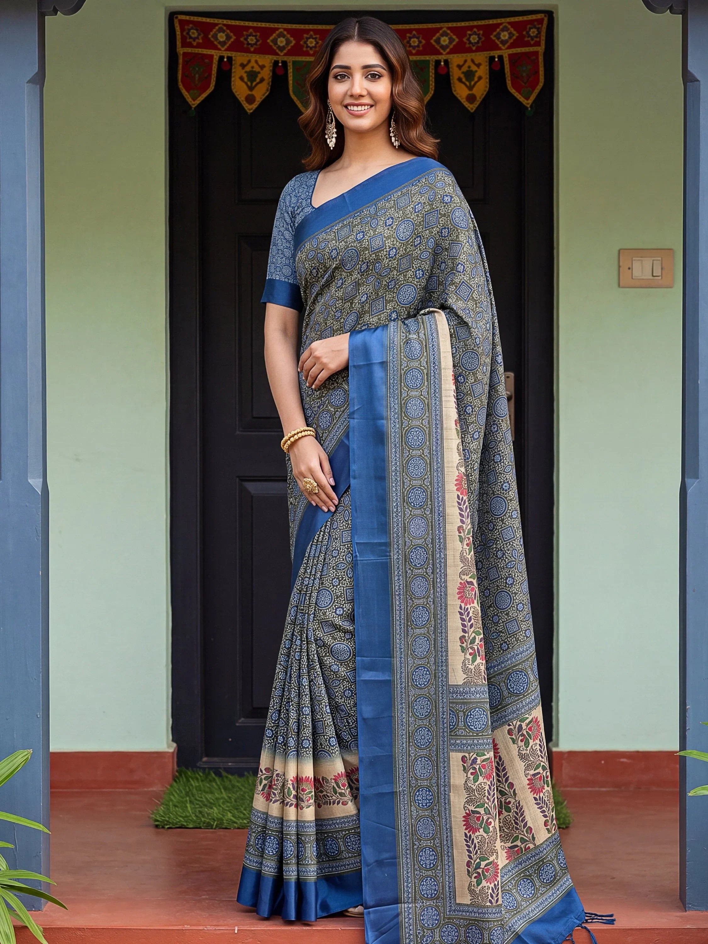 Fascinating Olive Green Digital Printed Silk Event Wear Saree With Blouse