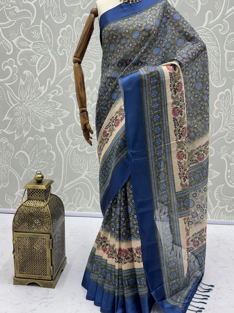 Fascinating Olive Green Digital Printed Silk Event Wear Saree With Blouse
