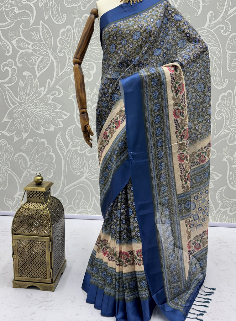 Fascinating Blue Digital Printed Silk Event Wear Saree With Blouse