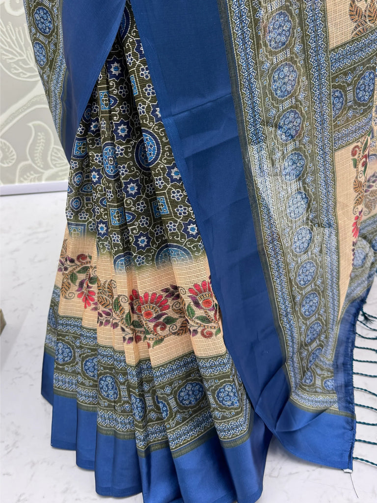 Fascinating Olive Green Digital Printed Silk Event Wear Saree With Blouse