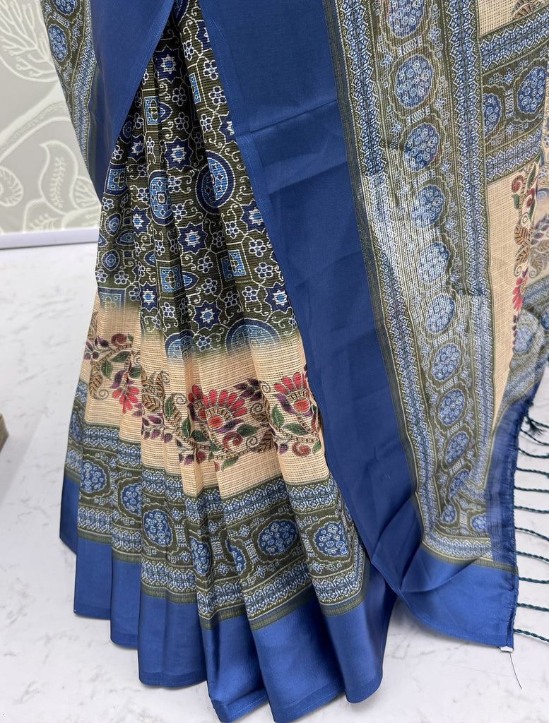Fascinating Blue Digital Printed Silk Event Wear Saree With Blouse