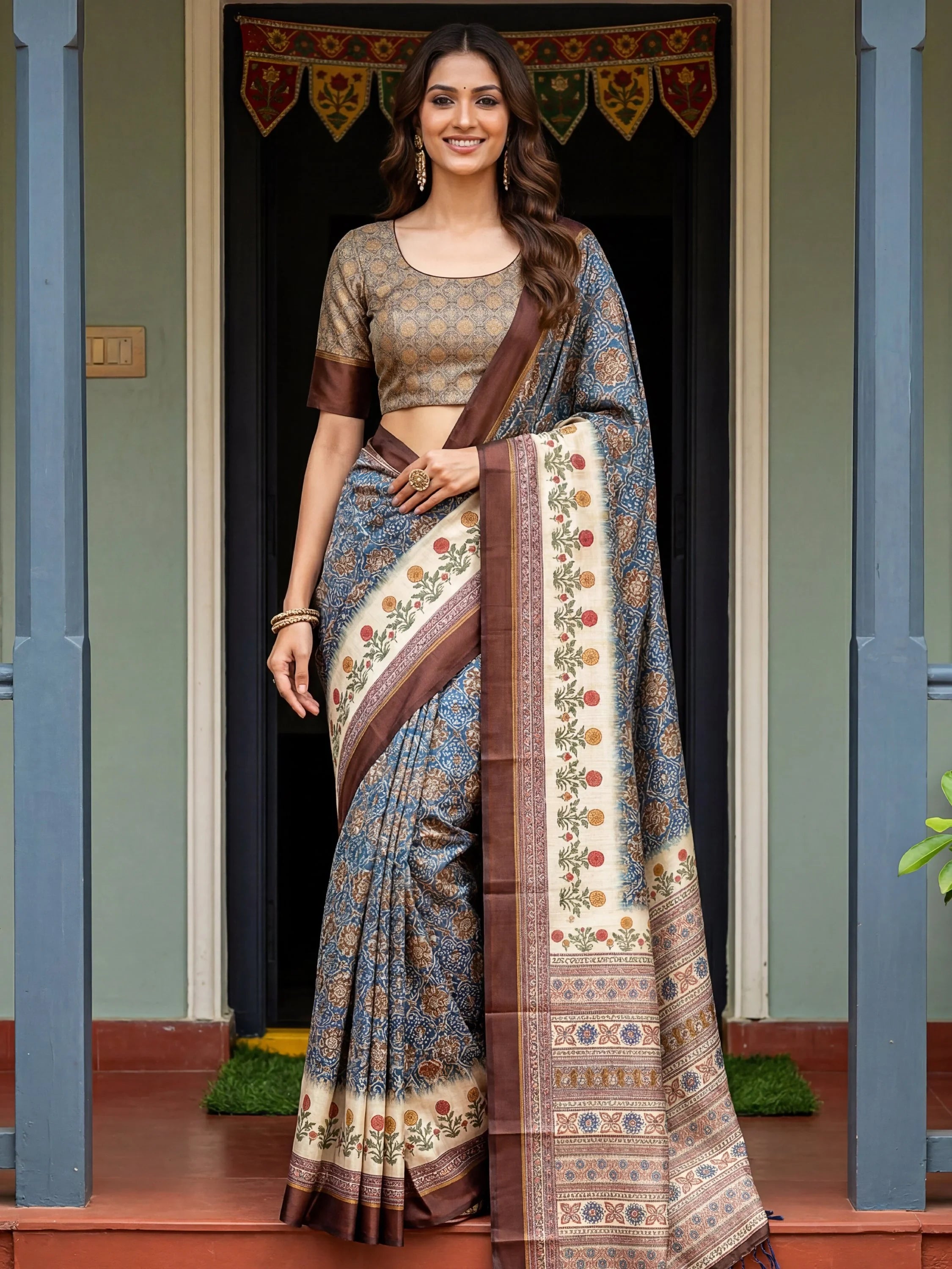 Bewitching Blue Digital Printed Silk Traditional Saree With Blouse