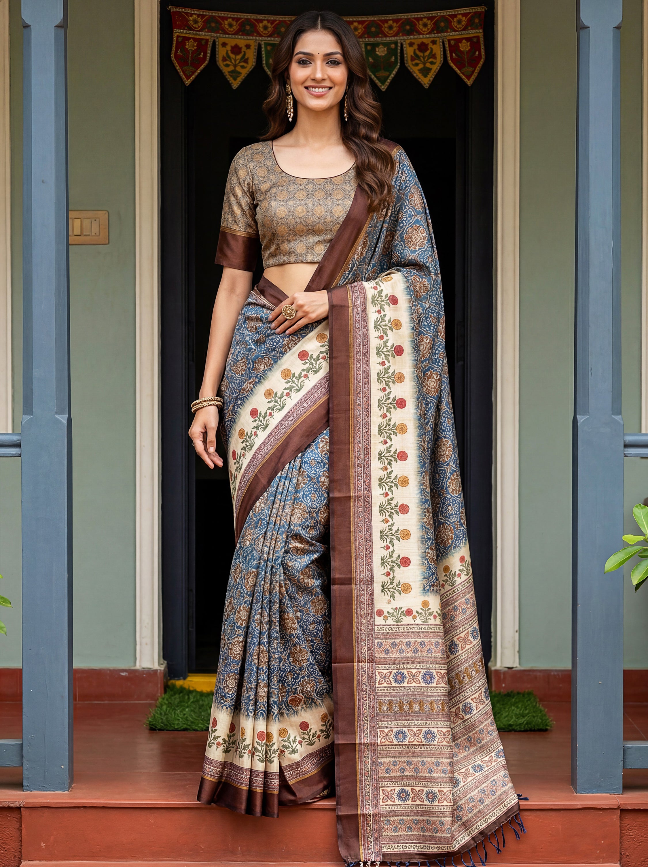 Bewitching Blue Digital Printed Silk Traditional Saree With Blouse