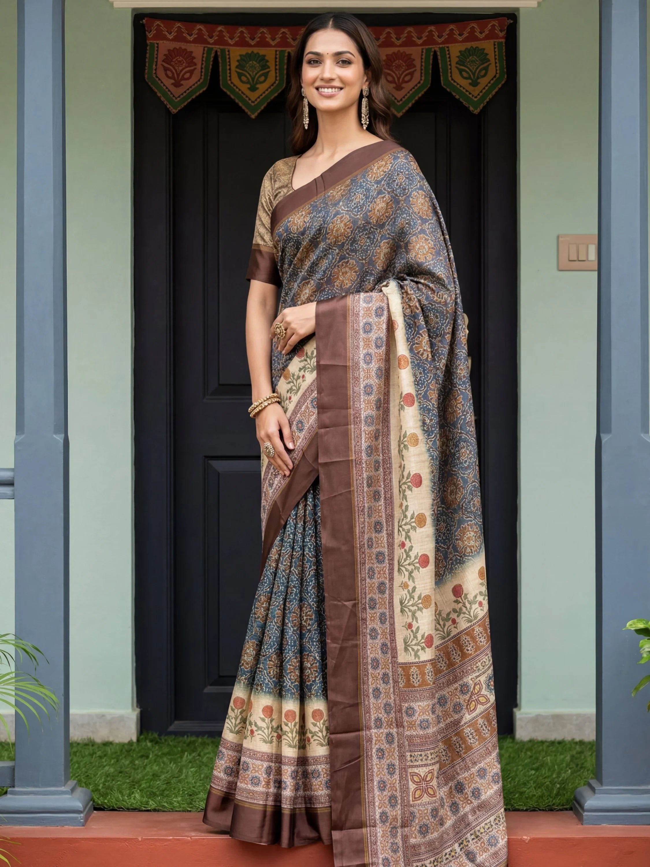 Bewitching Blue Digital Printed Silk Traditional Saree With Blouse