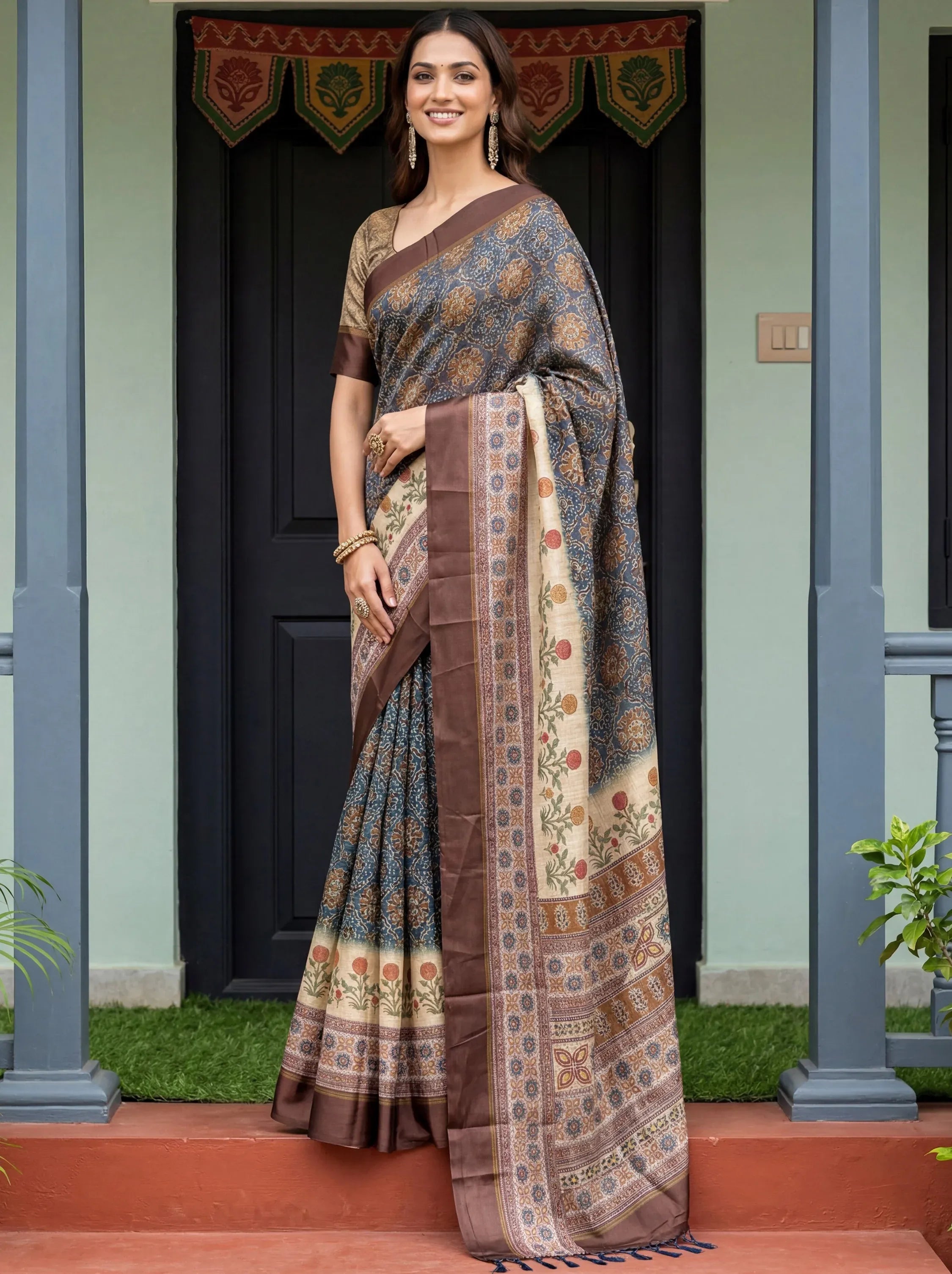 Bewitching Blue Digital Printed Silk Traditional Saree With Blouse