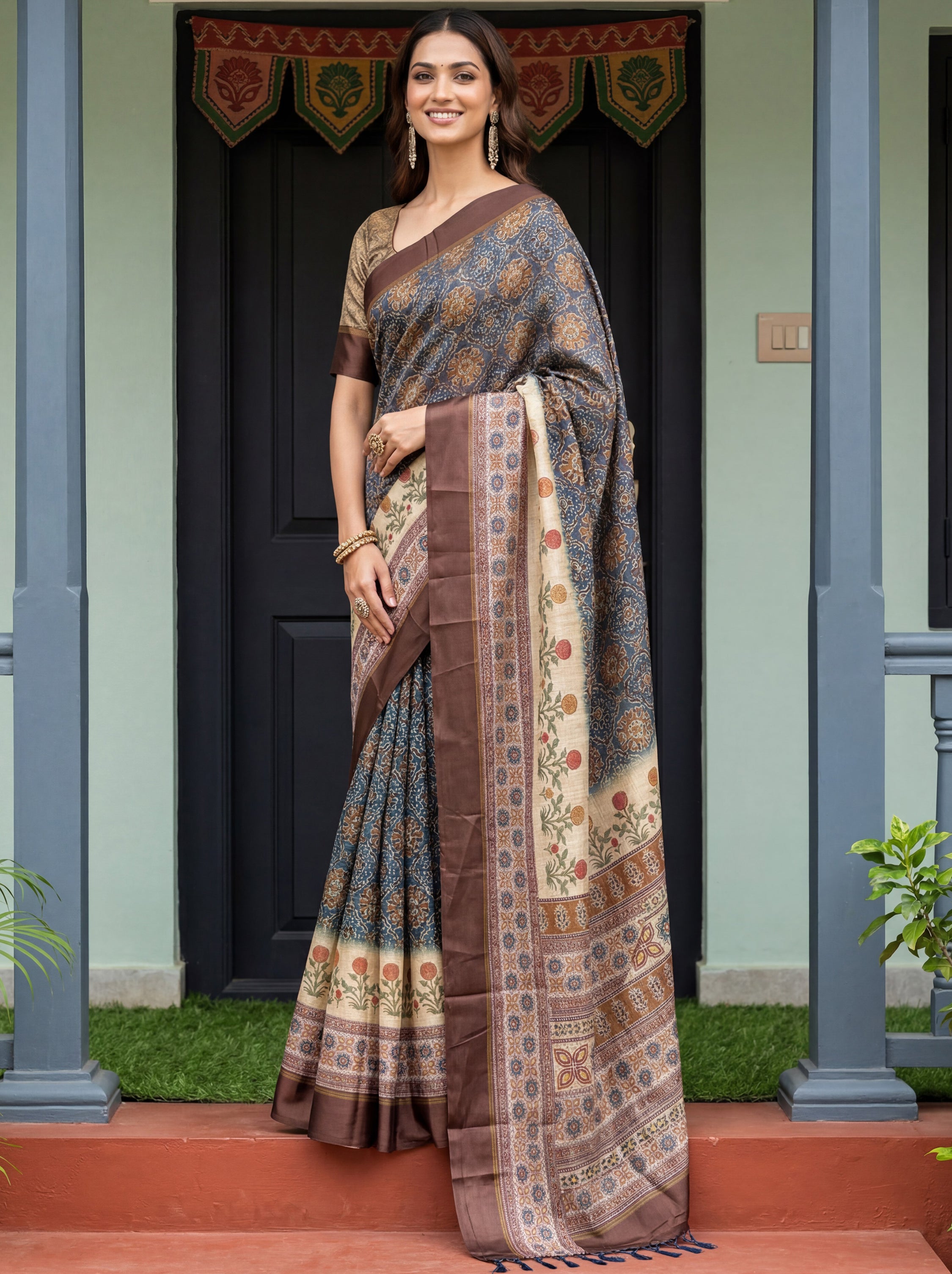 Bewitching Blue Digital Printed Silk Traditional Saree With Blouse