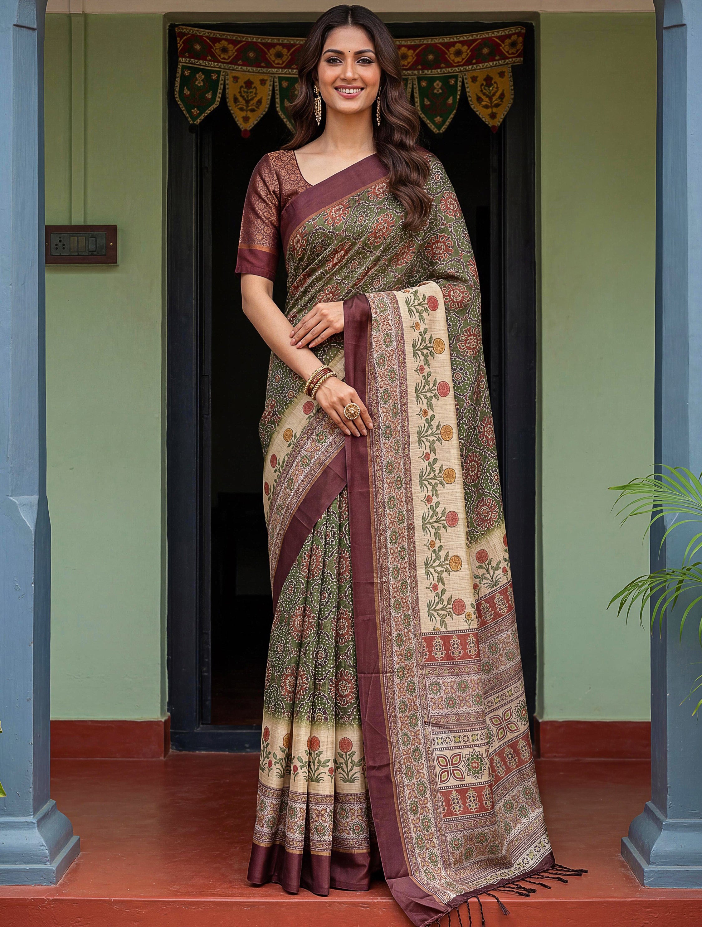 Precious Green Digital Printed Silk Marriage Wear Saree With Blouse