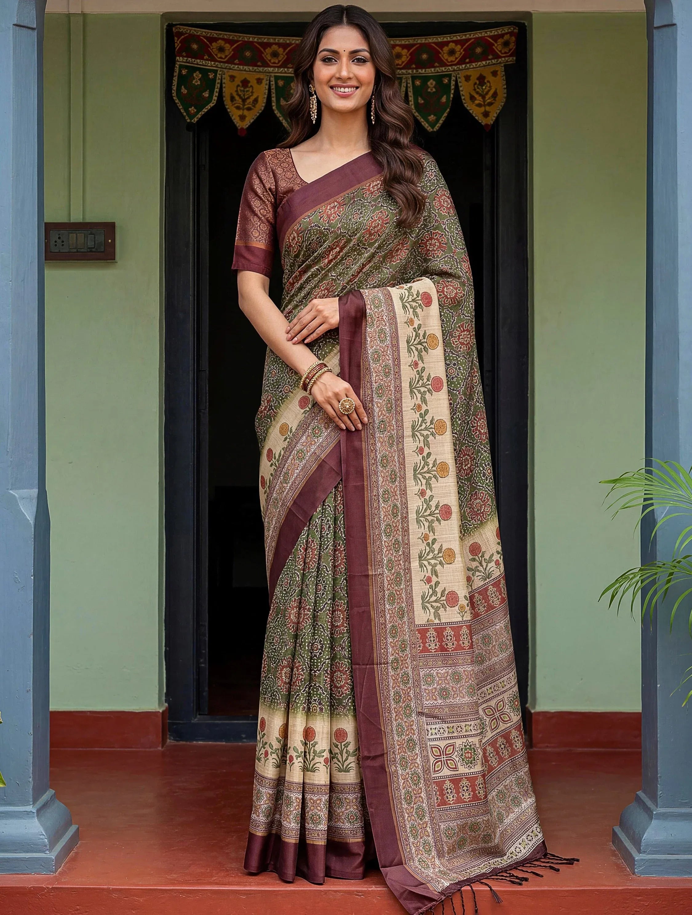 Precious Green Digital Printed Silk Marriage Wear Saree With Blouse